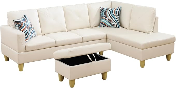 Faux Leather L Shape Sofa, Modern Sofa&Couch for Living Room,5-Seat Comfy Sectional Sofá Corner Couch Set with Wide Chaise for Bedroom,Office, White - LeafyLoom