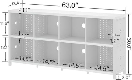 LVB White Horizontal Bookcase, Modern Bookshelf Cube Storage Organizer, Farmhouse Wide Large Wood Metal Book Shelf, Industrial Low Long Cube Shelf for Office Home Bedroom Living Room, White Oak, 63 In - LeafyLoom