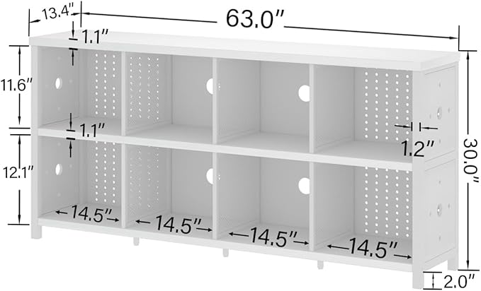 LVB White Horizontal Bookcase, Modern Bookshelf Cube Storage Organizer, Farmhouse Wide Large Wood Metal Book Shelf, Industrial Low Long Cube Shelf for Office Home Bedroom Living Room, White Oak, 63 In - LeafyLoom