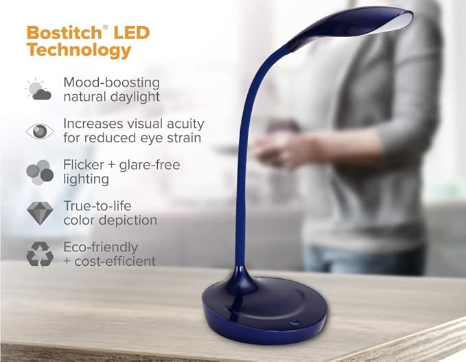 Bostitch Office KT-VLED1502-BLUE Gooseneck LED Desk Lamp with USB Charging Port, Dimmable, Navy Blue - LeafyLoom