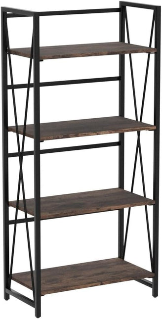 WOOD&LIFE 4 Tier Folding Bookshelf, Easily Assembled Bookcase Industrial Freestanding Multifunctional Decorative Storage Shelf, Rustic Vintage Wooden Metal Bookcase for Living Room Home Office - LeafyLoom