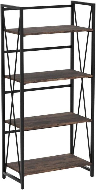 WOOD&LIFE 4 Tier Folding Bookshelf, Easily Assembled Bookcase Industrial Freestanding Multifunctional Decorative Storage Shelf, Rustic Vintage Wooden Metal Bookcase for Living Room Home Office - LeafyLoom
