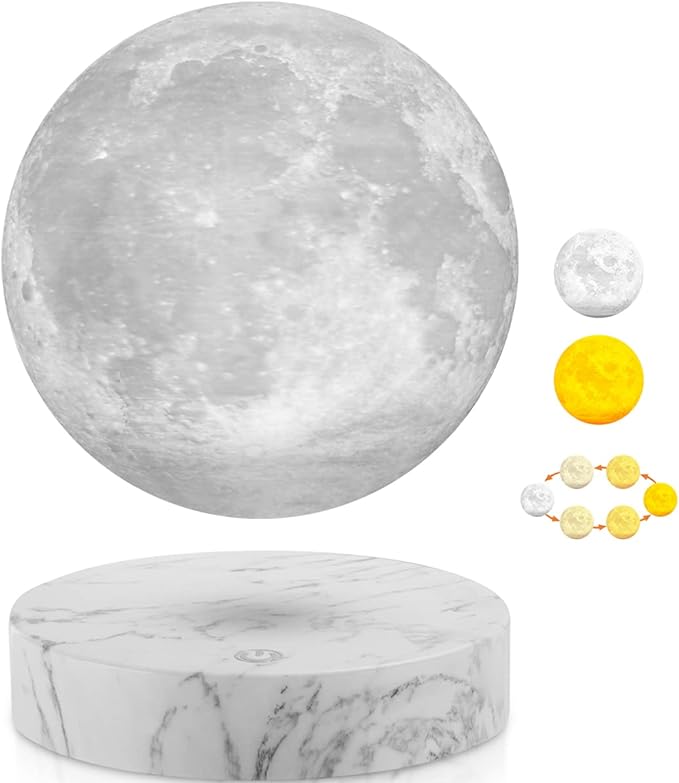 VGAzer Levitating Moon Lamp,Floating and Spinning in Air Freely with 3D Printing LED Moon Light Has 3 Colors for Unique Christmas Gifts,Room Decor (Marble Base 3 Colors) - LeafyLoom