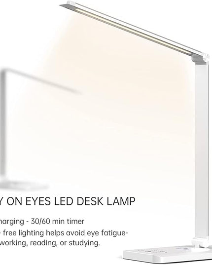 Ambertronix LED Desk Lamp with USB Charging Port, Dimmable Eye-Caring Reading Desk Light for Home, with 5 Brightness Level & 3 Lighting Modes, Touch Control, Auto Timer (White) - LeafyLoom