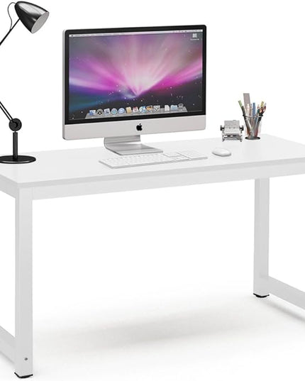 Tribesigns Computer Desk, 55 inch Large Office Desk Computer Table Study Writing Desk for Home Office, White + White Leg - LeafyLoom