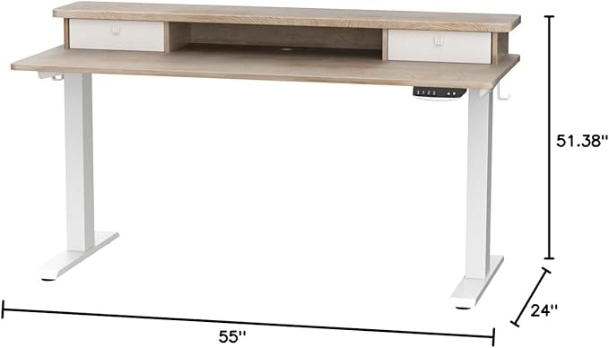 FEZIBO 55 x 24 Inch Height Adjustable Electric Standing Desk with Double Drawer, Stand Up Desk with Storage Shelf, Sit Stand Desk, Maple - LeafyLoom