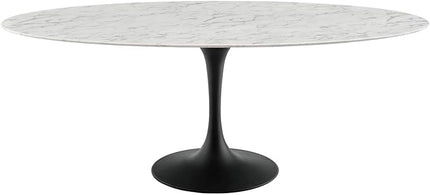 Modway Lippa 78" Oval-Shaped Mid-Century Modern Dining Table with Artificial Marble Top and Black Base - LeafyLoom