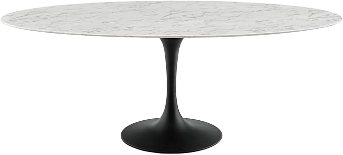 Modway Lippa 78" Oval-Shaped Mid-Century Modern Dining Table with Artificial Marble Top and Black Base - LeafyLoom