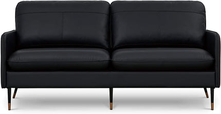 79" Top-Grain Leather Sofa, 3 Seater Leather Couch, Mid-Century Modern Couch for Living Room Bedroom Apartment Office, Black - LeafyLoom