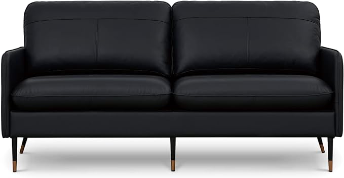 79" Top-Grain Leather Sofa, 3 Seater Leather Couch, Mid-Century Modern Couch for Living Room Bedroom Apartment Office, Black - LeafyLoom