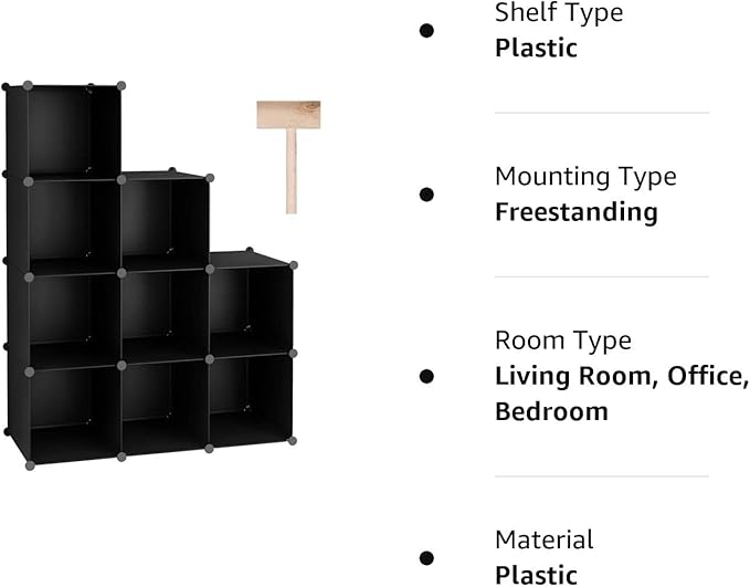 C&AHOME Cube Storage, 9-Cube BookShelf, Plastic Closet Cabinet Organizer, DIY Stackable Bookcase, Modular shelving Units Ideal for Home, Office, Kids Room, 36.6" L x 12.4" W x 48.4" H Black SHS3009A - LeafyLoom