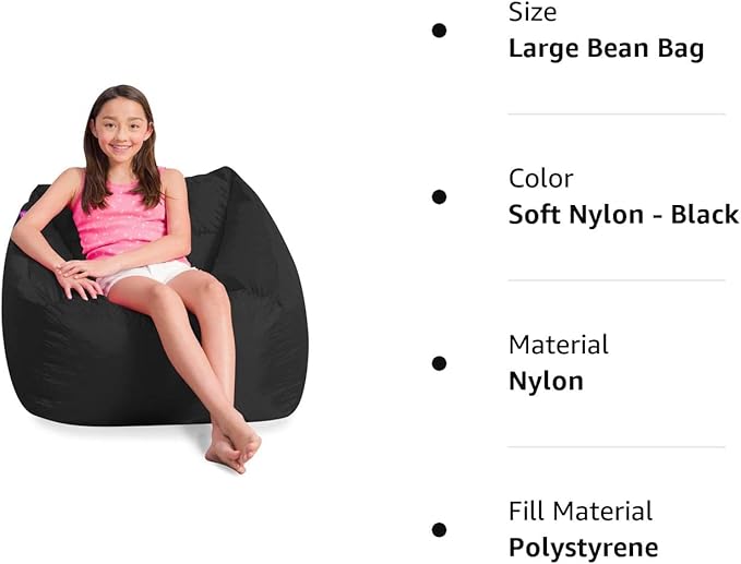 Posh Creations Coronado Bean Bag Boys and Girls Large Chair for Kids, for Gaming and Playrooms, Soft Nylon-Black - LeafyLoom