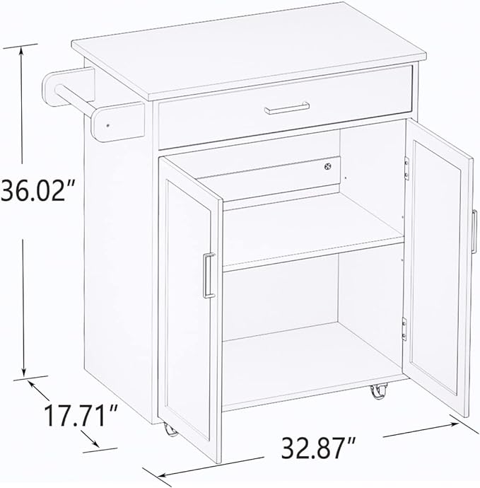 Kitchen Island with Storage, 32" kitchen Island Cart with Drawer and Adjustable Shelf, Rolling Kitchen Island with Towel Rack and Rubber Wood Table Top for Dining Room, Living Room, White - LeafyLoom