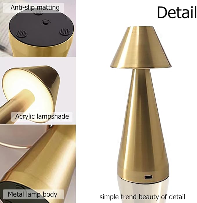 Portable Metal Desk Lamp, Cordless Metal LED Table Lamp,3 Color Touch Control Rechargeable Lamp,3-Levels Brightness Room Decor Desk Lamp,Bedside Lamp,Dining Room Lamp (Gold) - LeafyLoom