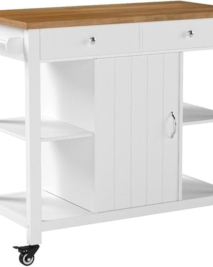 ChooChoo Kitchen Cart on Wheels with Wood Top, Utility Wood Kitchen Islands with Storage and Drawers, Easy Assembly - White - LeafyLoom