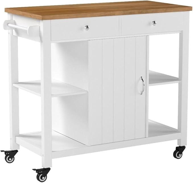 ChooChoo Kitchen Cart on Wheels with Wood Top, Utility Wood Kitchen Islands with Storage and Drawers, Easy Assembly - White - LeafyLoom