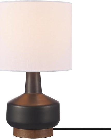 Globe Electric 61000046 15" Ceramic Table Lamp, Matte Black, Wood Toned Base, White Linen Shade, On/Off Rotary Switch on Socket, Living Room, Home Décor, Bedroom - LeafyLoom