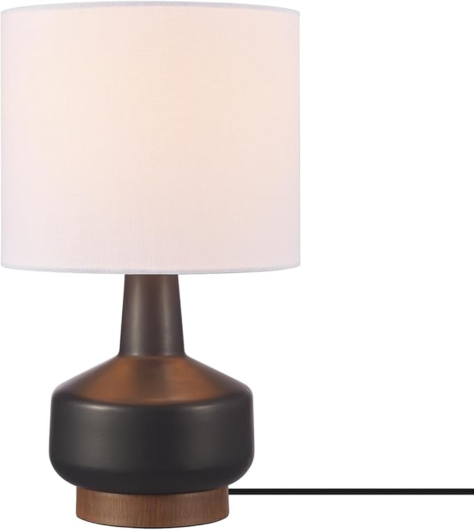 Globe Electric 61000046 15" Ceramic Table Lamp, Matte Black, Wood Toned Base, White Linen Shade, On/Off Rotary Switch on Socket, Living Room, Home Décor, Bedroom - LeafyLoom