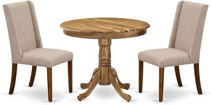 East West Furniture Antique 3 Piece Kitchen Set Contains a Round Dining Room Table with Pedestal and 2 Light Tan Linen Fabric Upholstered Chairs, 36x36 Inch, ANFL3-ANA-04 - LeafyLoom