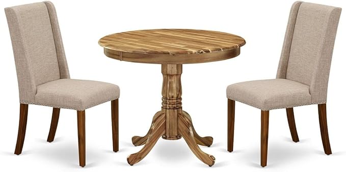 East West Furniture Antique 3 Piece Kitchen Set Contains a Round Dining Room Table with Pedestal and 2 Light Tan Linen Fabric Upholstered Chairs, 36x36 Inch, ANFL3-ANA-04 - LeafyLoom
