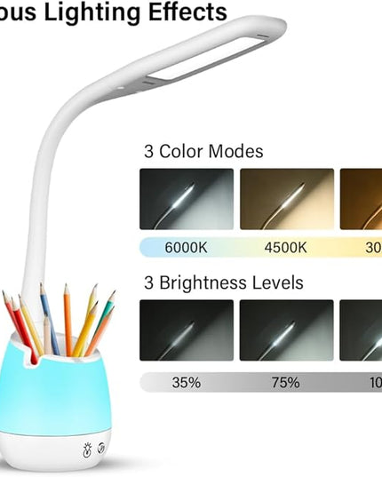 Donewin Rechargeable LED Desk Lamp with Color Changing Light, Pen and Phone Holder - Perfect Study and Reading Lamp for Kids, Teens, and Students - Great Gift for College Dorm Rooms - LeafyLoom
