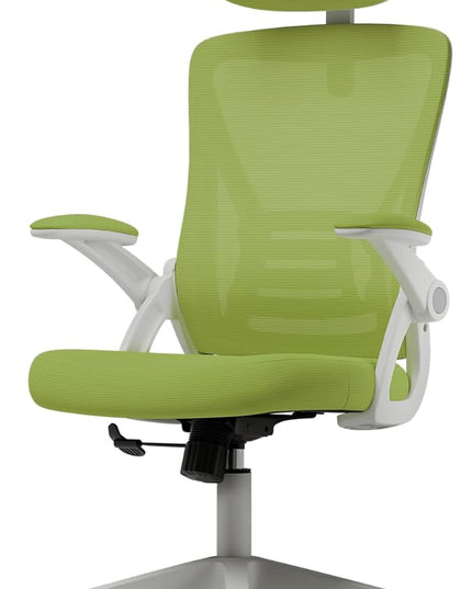 Ergonomic Office Chair, Mid Back Desk Chair with Adjustable Height, Swivel Chair with Flip-Up Arms and Lumbar Support, Breathable Mesh Computer Chair with Headrest (White and Green) - LeafyLoom