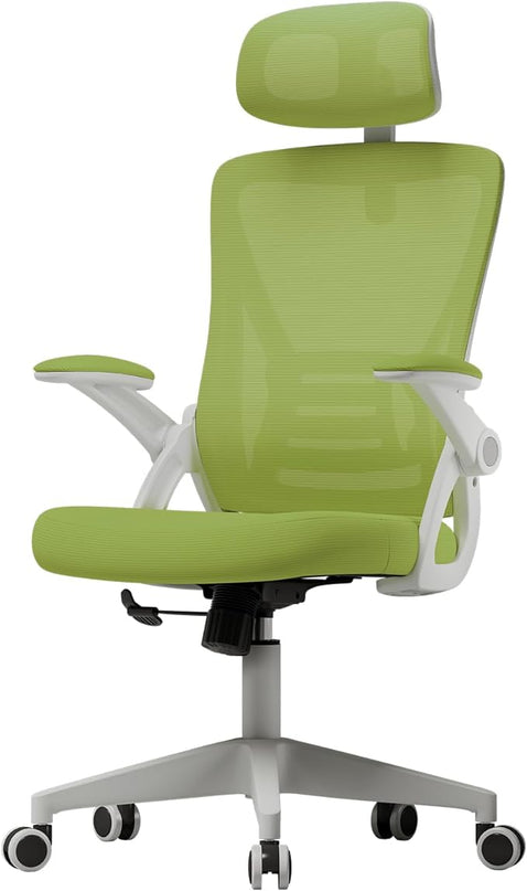 Ergonomic Office Chair, Mid Back Desk Chair with Adjustable Height, Swivel Chair with Flip-Up Arms and Lumbar Support, Breathable Mesh Computer Chair with Headrest (White and Green) - LeafyLoom