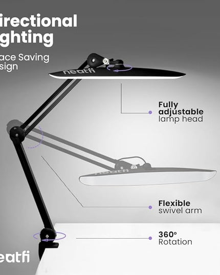 Neatfi XL 2,200 Lumens LED Task Lamp, 24W Super Bright Desk Lamp, 117 Pcs SMD LED, 4 Level Brightness, Dimmable, Task LED Light for Home, Office, Workbench (Non-CCT, Black) - LeafyLoom