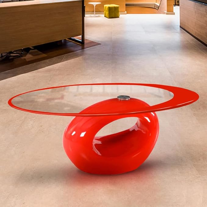 Fab Glass and Mirror CTR-FAB30000 Oval Glass Coffee Table, 43.5 in x 25.5 in x 16 in, Red - LeafyLoom