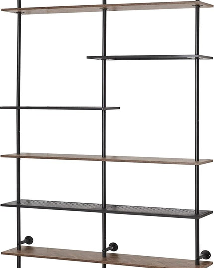 HOMISSUE Industrial Bookshelf 6-Tier Open Wall Mount Ladder Bookshelf, Modern Bookcase with Metal Frame and Wood Style for Home Office, Wall Mounted industrial Iron Pipe Shelf, Brown - LeafyLoom