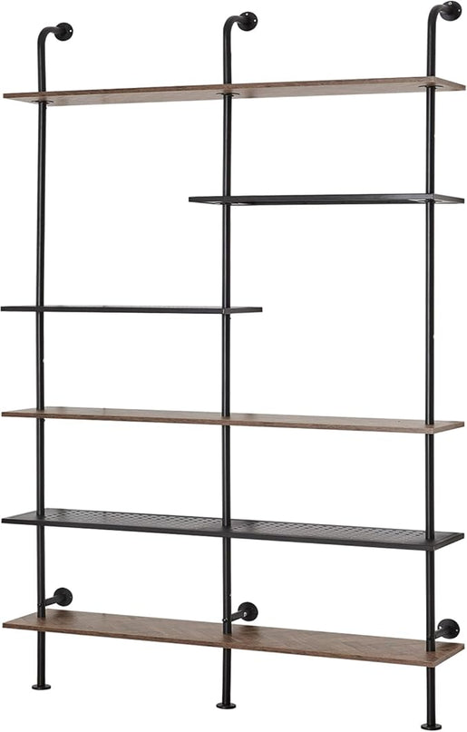 HOMISSUE Industrial Bookshelf 6-Tier Open Wall Mount Ladder Bookshelf, Modern Bookcase with Metal Frame and Wood Style for Home Office, Wall Mounted industrial Iron Pipe Shelf, Brown - LeafyLoom