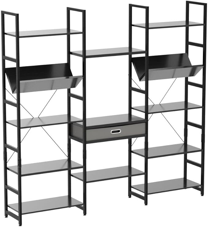 NUMENN Triple Wide 5 Tier Bookshelf, Adjustable Rustic Industrial Style Book Shelves, Modern Bookcases and Bookshelves Furniture for Bedroom, Living Room and Home Office, Elegant Black - LeafyLoom