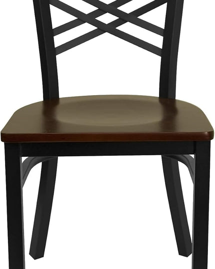 Flash Furniture 2 Pack HERCULES Series Black ''X'' Back Metal Restaurant Chair - Mahogany Wood Seat - LeafyLoom