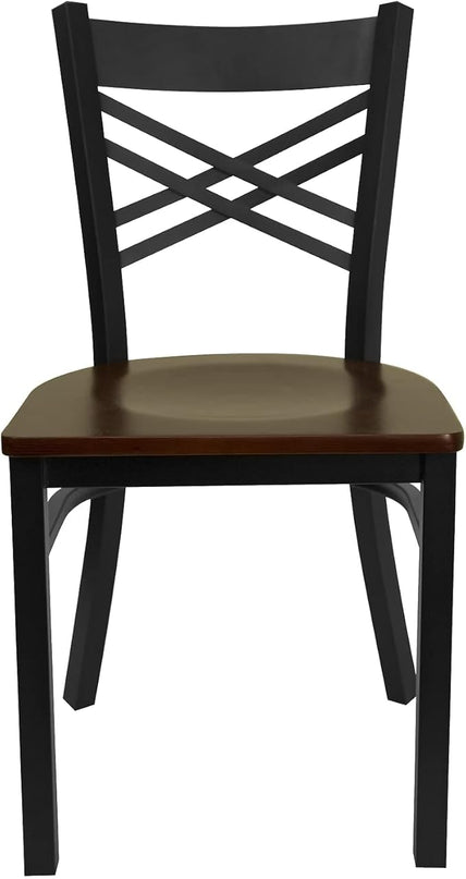 Flash Furniture 2 Pack HERCULES Series Black ''X'' Back Metal Restaurant Chair - Mahogany Wood Seat - LeafyLoom
