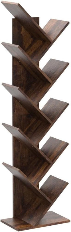 Hoctieon 10 Tier Tree Bookshelf, 10 Shelf Bookcase, Free Standing Tree Bookcase, Display Floor Standing Shelf for Books, Book Shelf Organizer, Rustic Brown - LeafyLoom