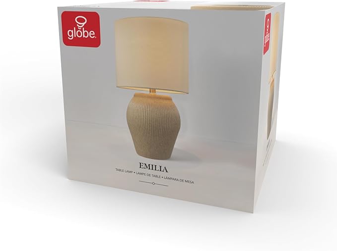 Globe Electric 61000049 18" Ceramic Table Lamp, Soft Beige Finish, White Linen Shade, On/Off Rotary Switch on Socket, Table Lamp for Living Room, Home Décor, Lamps for Bedroom, Room Décor - LeafyLoom