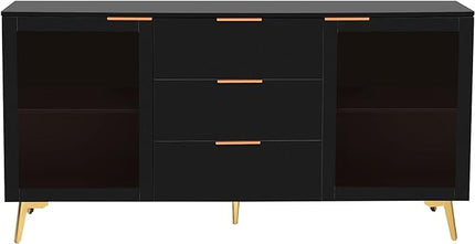 GIA Home Furniture Series Modern MDF Buffet Sideboard with 2 Doors,3 Drawers,Accent Storage Cabinets with Metal Handles for Kitchen,Dinning,Living Room, 63 Inch, Black Finish - LeafyLoom