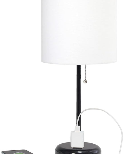 Simple Designs LT1144-BAW Sleek and Slender Black Table Lamp with Charging Outlet, for Bedroom, Living Room, Entryway, Office, Dining Room, Study, White Shade - LeafyLoom
