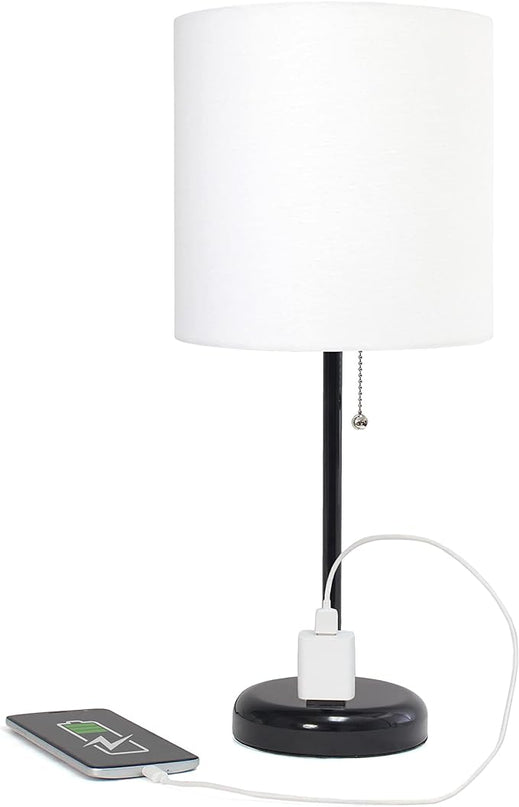 Simple Designs LT1144-BAW Sleek and Slender Black Table Lamp with Charging Outlet, for Bedroom, Living Room, Entryway, Office, Dining Room, Study, White Shade - LeafyLoom