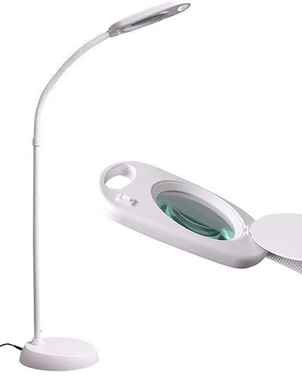 2 in 1 Magnifying Floor Lamp 5X & Bright LED Floor Lamp Hand Free with Adjustable Gooseneck - Magnifier Daylight Work Light for Reading, Repair, Crafts, Sewing etc.(White) - LeafyLoom