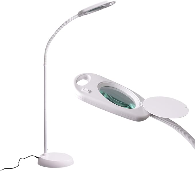 2 in 1 Magnifying Floor Lamp 5X & Bright LED Floor Lamp Hand Free with Adjustable Gooseneck - Magnifier Daylight Work Light for Reading, Repair, Crafts, Sewing etc.(White) - LeafyLoom