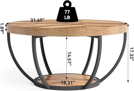Round Coffee Table, 32" Circle Coffee Table for Living Room, 2-Tier Wood Accent Center Table with Open Storage Industrial Design Home Furniture (Wood Grain and Black) - LeafyLoom