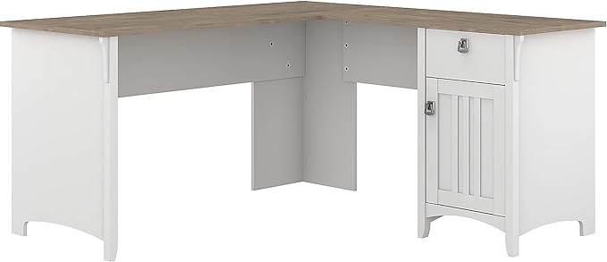 Bush Furniture Salinas L-Shaped Desk with Storage | Study Table with Drawers & Cabinets | Home Office Computer Desk in Pure White and Shiplap Gray - LeafyLoom