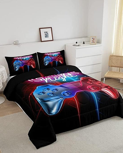 Feelyou Boys Gaming Comforter Set King Size Teens Gamer Bedding Set Modern Blue Red Video Game Controller Comforter for Kids Decor Multi-Color Gamer Console Action Buttons Duvet Set Boys - LeafyLoom