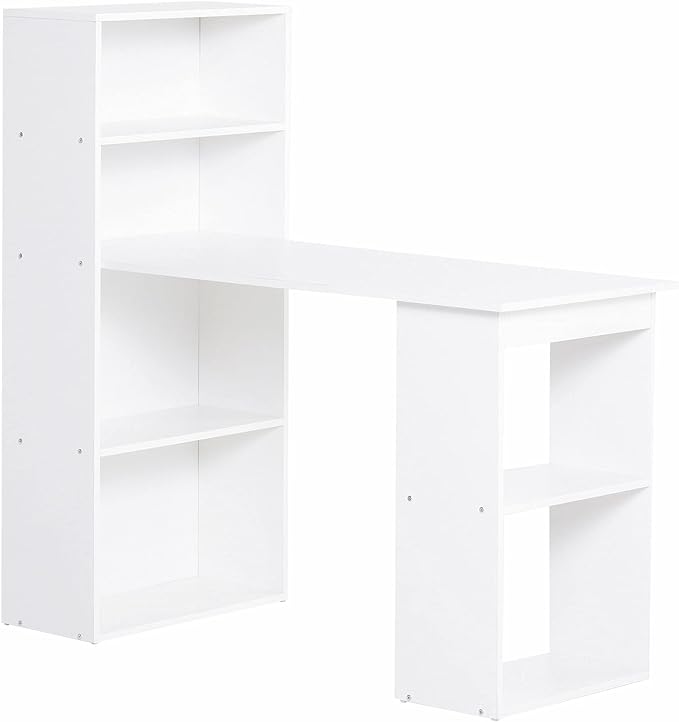 HOMCOM Modern Home Office Desk with 6-Tier Storage Shelves, 47" Writing Table with Bookshelf, White - LeafyLoom