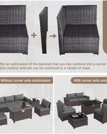 Patio Furniture Sectional Sofa Set 7 Pieces PE Rattan Patio Conversation Set w/43in Gas Fire Pit Table, Outdoor Furniture with 55000 BTU Propane Fire Pit, Grey - LeafyLoom
