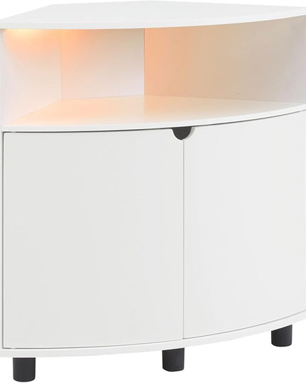Berg Modern 31-inch 16 Colors LED Corner Cabinet with Doors and 2 Shelves, USB Charge Cord, Small TV Stand for Living Room, Home Office, White Pure - LeafyLoom
