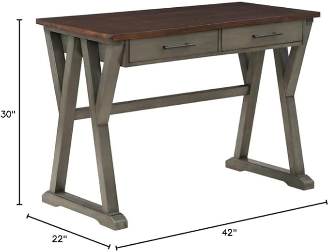 OSP Home Furnishings Jericho Rustic 42 Inch Writing Desk with 2 Drawers and Burnished Decorative Hardware, Slate Gray - LeafyLoom