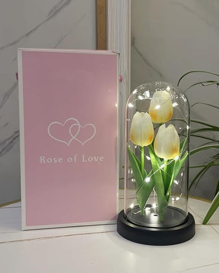 LED Tulip Lamp Artificial Flower Night Light Handmade Light up Tulips in Glass Dome Table Lamp Ornaments Desktop Decor - Battery Operated (Champagne) - LeafyLoom