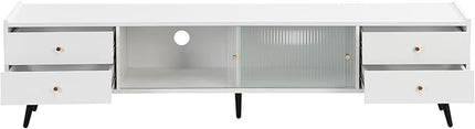Merax Contemporary TV Stand with Sliding Fluted Glass Doors and Golden Metal Handles, Slanted Drawers Media Console for Television Up to 70", Chic Elegant Storage Cabinet, 66.9" Length, White - LeafyLoom